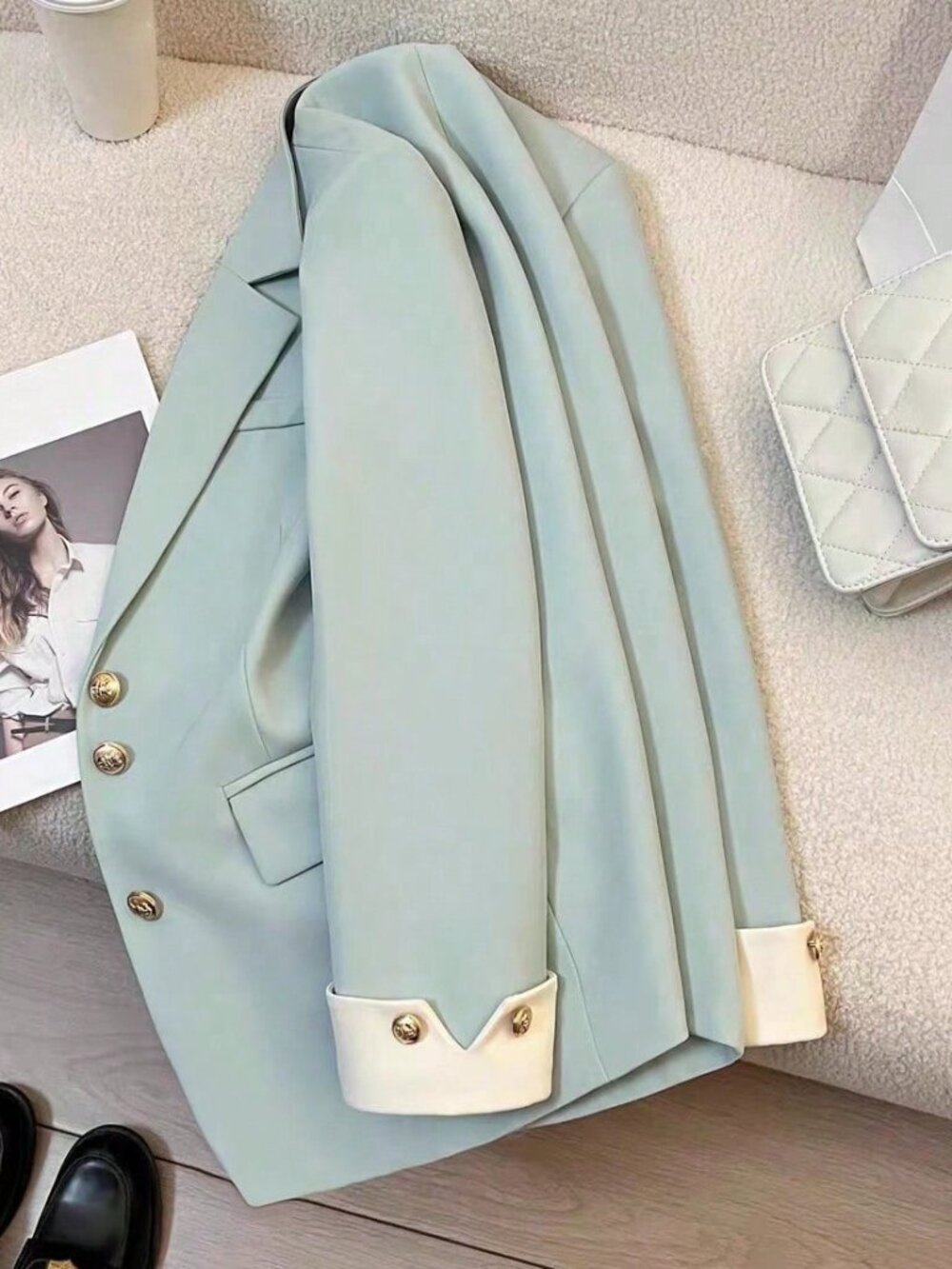 Light Green Casual Women's Plus Size Elegant Button-Up Blazer Jacket